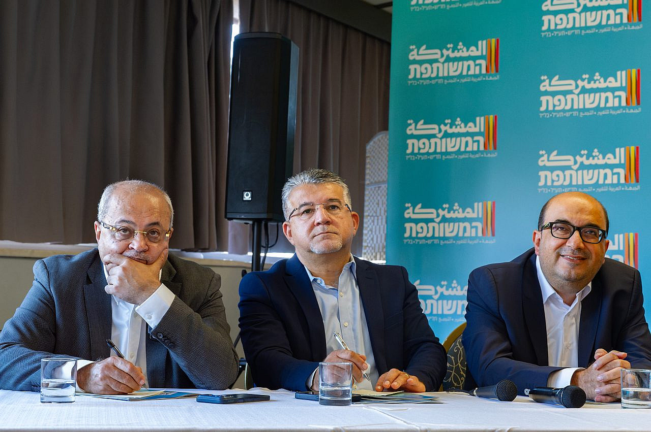 Joint List chairman Yousef Jabareen (Hadash), Ahmad Tibi (Ta'al), and Sami Abu Shehadeh (Balad) attend a press conference presenting the Joint List’s work plan for the next Knesset in Haifa, northern Israel, ahead of Israel’s upcoming election, October 20, 2026. (Sharon Leibel/Flash90)